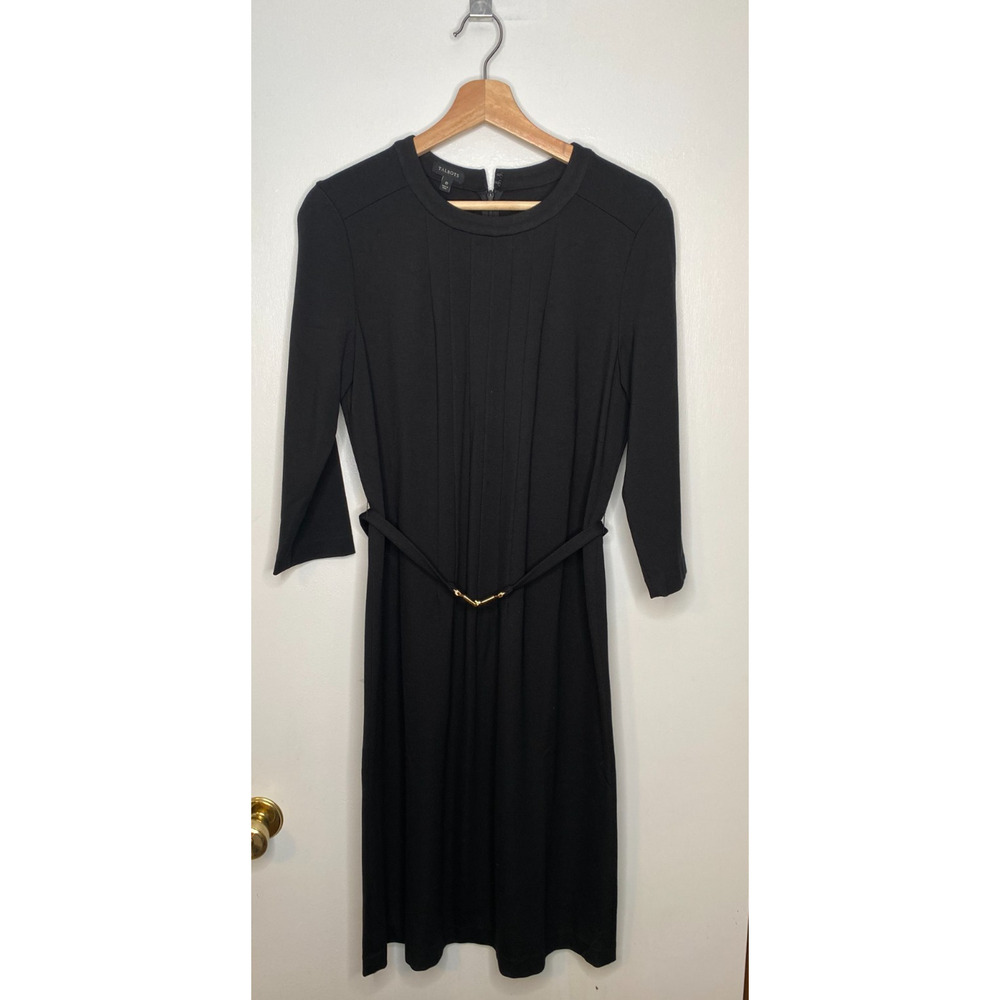Talbots Black Knit Fit & Flare Dress Women's Belted Gold Buckle Career Size 10
